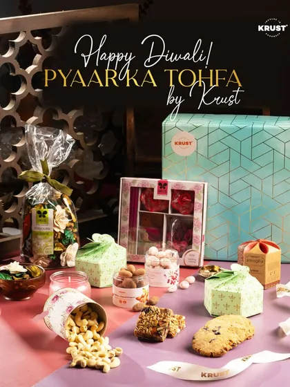 Our festive Diwali gift hampers, beautifully arranged to show the variety of gourmet treats available. This highlights our ability to cater to special occasions with elegant and thoughtful gifting solutions.