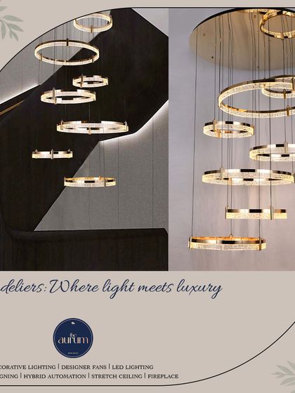 A stunning multi-tiered chandelier with illuminated crystal rings. This is a powerful statement piece I recommend for spaces with high ceilings, as it fills the vertical space with layers of light and luxury.