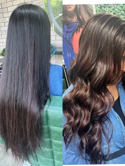A global hair color transformation from straight and dark to wavy and rich brown. This new color adds depth and shine for a healthier, more vibrant appearance.