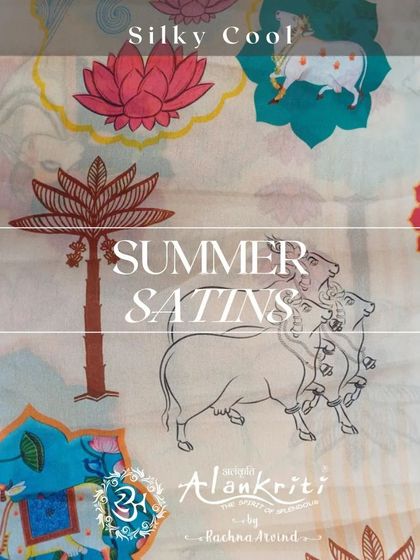 For a touch of tradition, this pichwai-inspired printed satin is a unique and artistic choice for your custom outfit.