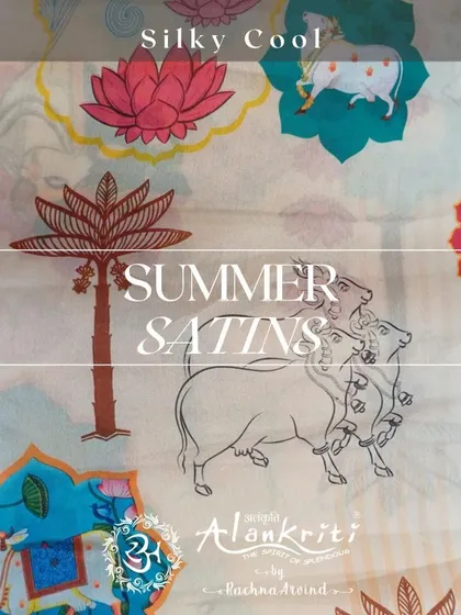 For a touch of tradition, this pichwai-inspired printed satin is a unique and artistic choice for your custom outfit.