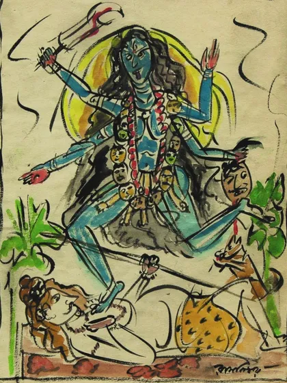 This 'Kali' by Ramkinkar Baij, a watercolour and ink on paper, is from our 2019 auction archives. Baij was a key figure of the Bengal School of Art, and this powerful depiction of the mother goddess was shared to wish our patrons a Happy Diwali and Kali Puja.