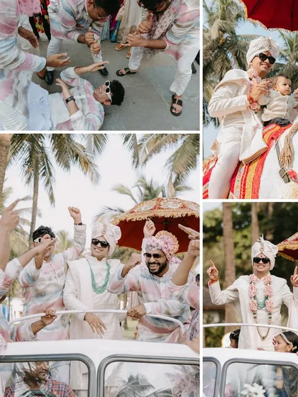 A collage of the groom's energetic baraat, showing him arriving in a vintage car, on a horse, and dancing with his friends.