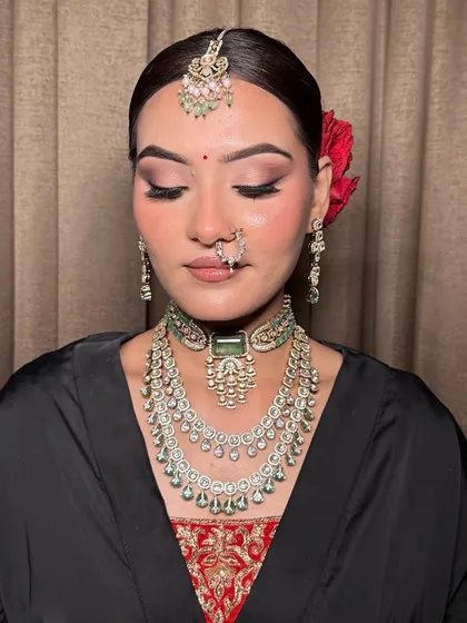 A close-up of this stunning bridal makeup. Notice the soft, blended eyeshadow and the flawless skin, perfect for a modern bride.