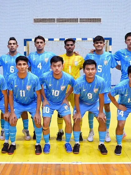 The Indian Futsal Team, featuring our players, posing for a group photo before heading to the AFC Futsal Asian Cup Qualifiers.