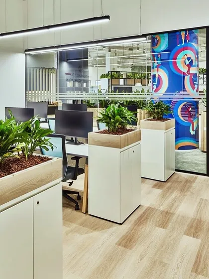 We designed these custom cabinet-top planters for an office space. They add a touch of green to each workstation without taking up valuable desk space, promoting a healthier work environment.