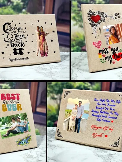 A collection of wooden plaques with various quotes and themes, like "Love you to the moon and back" and "Best Brother Ever," showing the range of personalization.