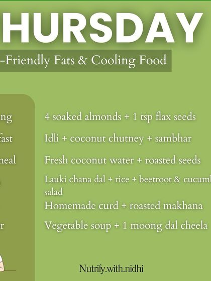 Thursday focuses on gut-friendly fats and cooling foods. Meals like idli with coconut chutney, lauki chana dal, and homemade curd with makhana provide healthy fats and have a cooling effect on the digestive system.