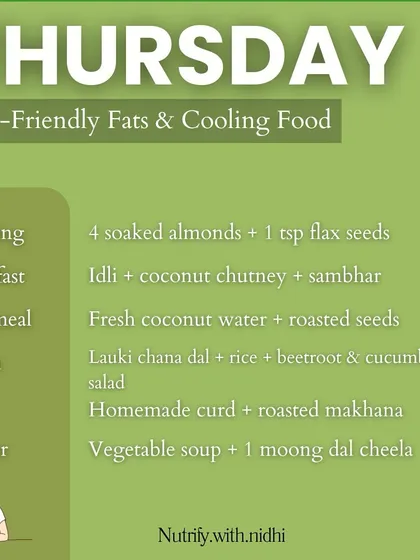 Thursday focuses on gut-friendly fats and cooling foods. Meals like idli with coconut chutney, lauki chana dal, and homemade curd with makhana provide healthy fats and have a cooling effect on the digestive system.