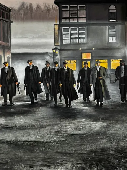 I also enjoy painting themes from popular culture. This detailed mural captures the entire cast of Peaky Blinders, focusing on the moody atmosphere and character details to create a powerful statement piece for a fan's personal space.