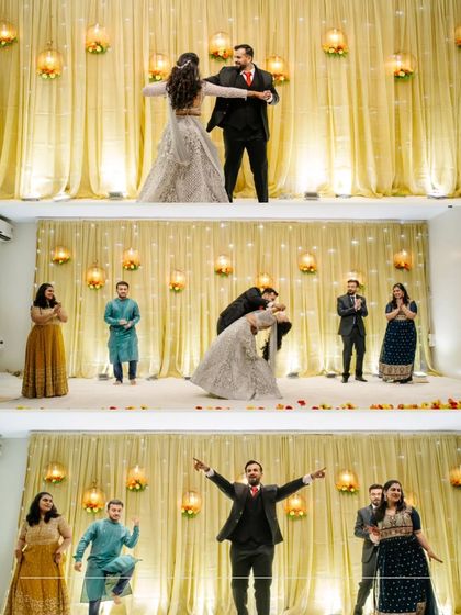A fun sequence from the couple's first dance at their reception, showing them twirling, dipping, and celebrating with their friends.