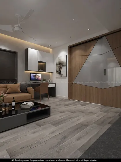 A home theatre setup integrated into a living space. The design includes a large projection screen and a custom-built media unit with a mini-bar.