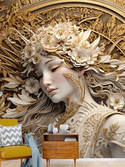An intricate and artistic 3D wallpaper of a goddess-like figure with flowing hair and a floral crown, rendered in stunning gold and white detail.
