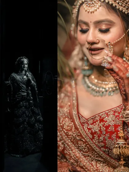 A diptych contrasting a dark, moody full-length shot of the bride with a warm, detailed close-up of her face, highlighting her versatility.