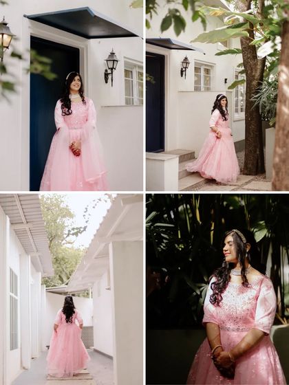 A four-panel collage of a bride in her pink gown, showcasing different angles and locations within our venue for stunning solo portraits.