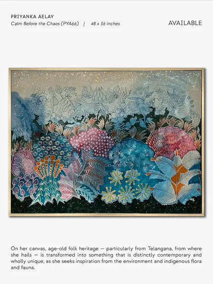 Priyanka Aelay transforms Telangana's folk heritage into a contemporary vision in "Calm Before the Chaos." Her mythical forests are filled with intricate motifs and vibrant colours, creating a magic-realist tale on canvas.