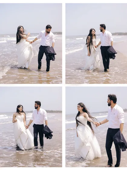 A collage of the couple enjoying the water during their beach pre-wedding shoot. These fun, candid moments add a lot of life to the final album.