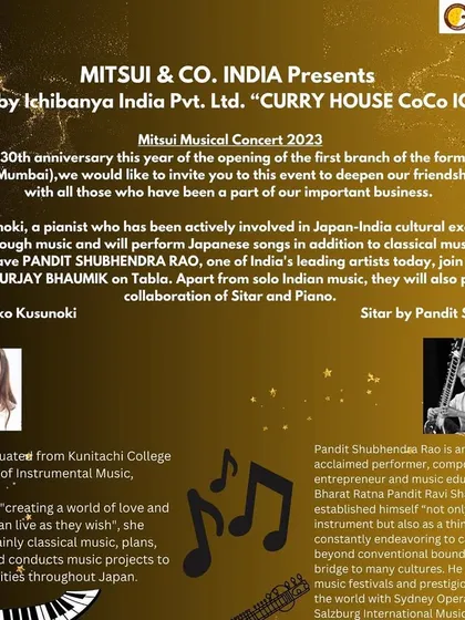 An invitation to a special concert celebrating the 130th anniversary of the Japanese company Mitsui in India, where I collaborated with a wonderful Japanese pianist.