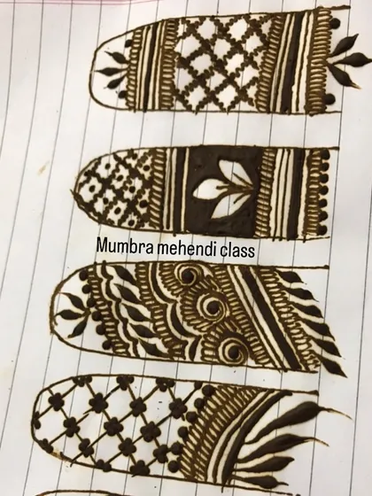 A close-up of some of the finger designs. We learn checks, stripes, leaves, and many other patterns.