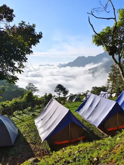 Our campsite in the morning, with tents pitched on the green grass overlooking a valley full of clouds. This is your front row seat to nature's best show.