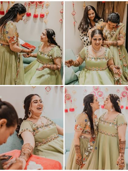 A collage of heartwarming moments from the Mehendi, showing the bride interacting with her friends and family.
