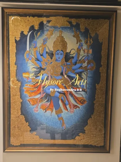 The fierce and powerful Goddess Kali, captured in a dynamic pose. This custom piece, created for a client in Mumbai, uses a bold color palette and extensive gold work to convey her divine energy, making it a striking addition to any space.