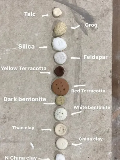 The foundation of all pottery: the raw materials. This image from our clay bodies masterclass shows different types of clay and minerals we work with, from terracotta to china clay.
