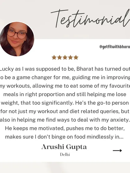 It means the world to me when clients like Arushi feel I'm a "go-to person" not just for workouts, but also for managing anxiety. My goal is to be a true guide and friend, helping you build a healthier relationship with food and fitness without feeling starved or stressed.