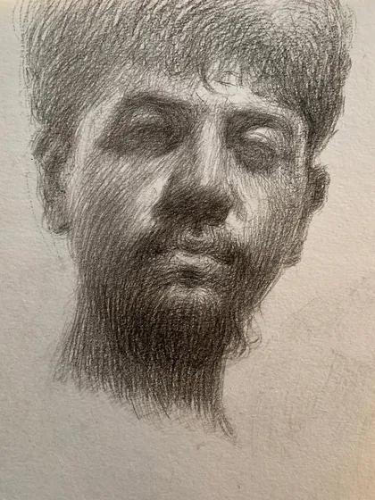 Another pencil self-portrait, this one more tightly rendered. This type of academic drawing is a crucial exercise for maintaining my observational skills.
