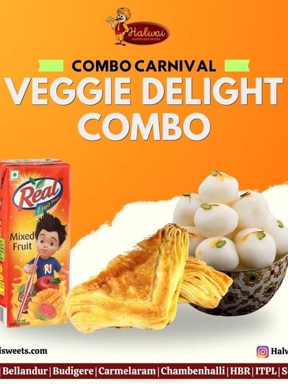 The Veggie Delight Combo from my Combo Carnival includes a veggie puff, rasgulla, and a juice box for a perfect snack.