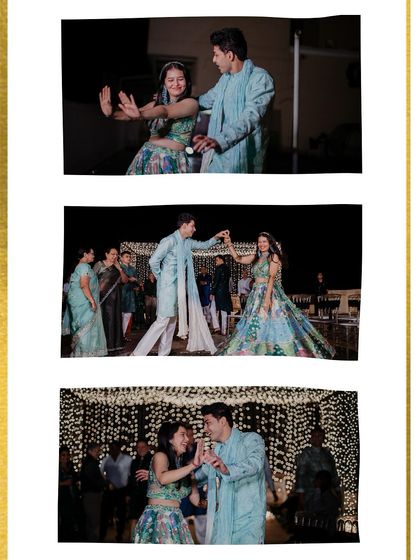 A collage of the couple dancing at their Mehendi event, set against a magical backdrop of fairy lights.