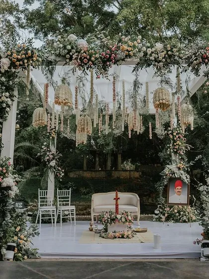 The wedding mandap is the heart of the celebration. We designed this elegant pastel stage at the beautiful Tamarind Tree, using soft drapes and lush florals to create a serene and romantic setting for the couple to begin their new chapter.