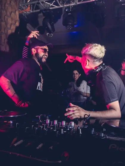 Sharing a moment with Ankytrixx before our B2B set. There's a great sense of camaraderie and excitement before we hit the decks together.