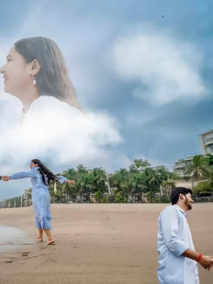Another artistic composite image, this time blending a portrait of the bride-to-be in the clouds above a beach scene. This dreamy edit adds a touch of magic and romance to the pre-wedding collection.