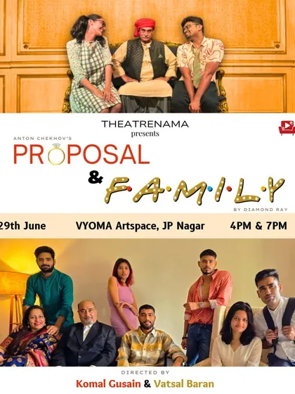 A double bill poster from Theatrenama, featuring the classic comedy "Proposal" by Anton Chekov and the family drama "Family."