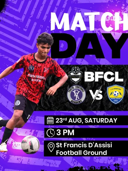 Game on! This poster announces our BFCL match, with a young player in our red and black away kit ready for action.