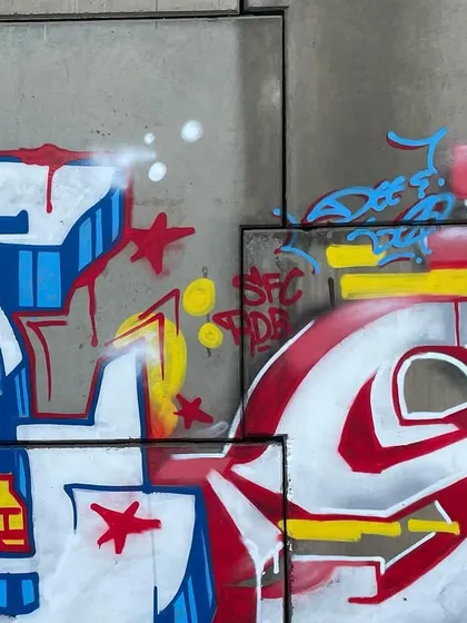 A collaboration piece with Devnagri "Dkrypt" and another artist's work. It's cool to see how different styles can complement each other on the same wall.
