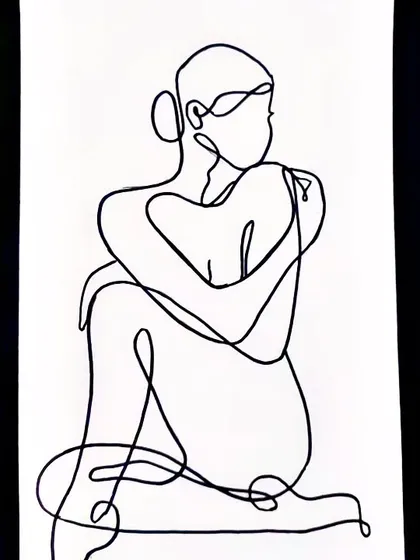 This one-line drawing depicts a seated figure in a moment of quiet contemplation. The unbroken line flows to create a sense of harmony and completeness in the form.