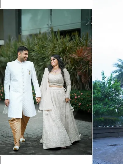 A collage that combines a classic walking portrait of the couple with a view of the beautiful wedding venue, telling a more complete story of the day.