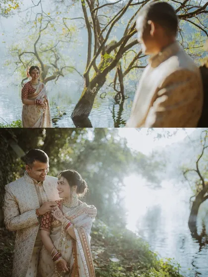 A collage showing a couple's first look and romantic portraits by a misty lake.