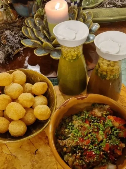We create an authentic chaat experience with our Pani Puri set, complete with crispy puris, spiced potato filling, and two types of freshly made pani, all served in traditional earthenware.