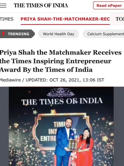 The Times of India, Etimes, and Times Ascent have chronicled my journey extensively, from receiving the Inspiring Entrepreneur Award to being ranked among the world's top 3 elite matchmakers. These articles detail my philosophy of creating 'organic connections' and building a heritage institution for arranged love marriages.