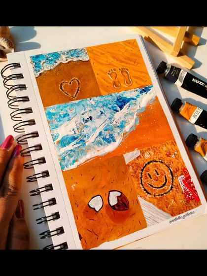 My entry for an art challenge, a beach-themed acrylic painting featuring sand, waves, and a smiley face.