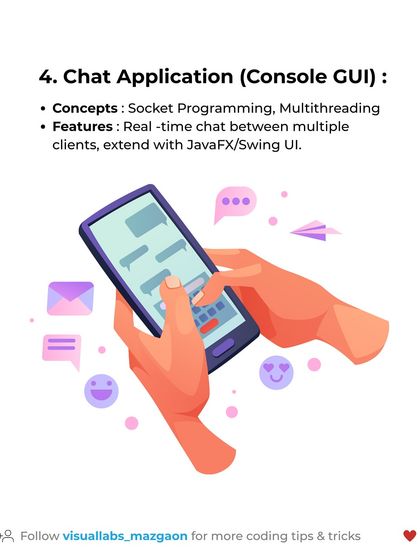 Java project idea 4: a Chat Application. Here you will learn about socket programming and multithreading to create a real-time chat service between multiple clients.