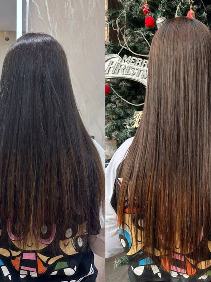 A direct comparison from the back. On the left is the hair before, with visible frizz and a lack of shine. On the right is the result after my Hair Botox treatment, showing smooth, glossy, and healthy-looking hair.