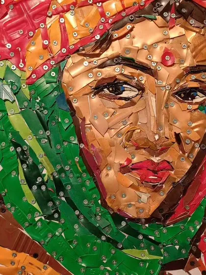 We champion artists who find beauty in unexpected places. This powerful portrait is made from recycled plastic, demonstrating how everyday materials can be transformed into compelling art that carries a message of sustainability.