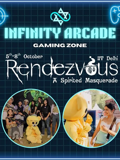 A promotional graphic for my gaming zone at IIT Delhi's Rendezvous. It highlights the fun moments and captures the spirited masquerade theme of the fest.
