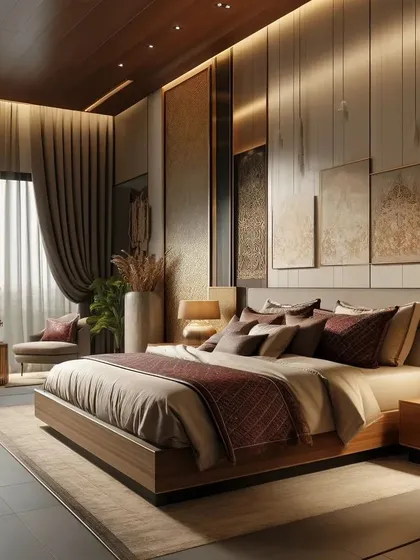 This bedroom exudes opulence with its rich wood tones, metallic accents, and layered textures. The high-panelled wall behind the bed adds a sense of grandeur and sophistication.