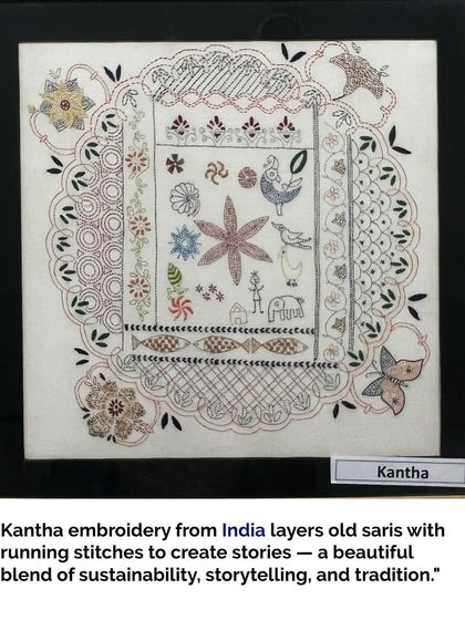 Kantha embroidery from Eastern India traditionally uses layers of old saris, stitched together with a simple running stitch to create new textiles. It is a beautiful blend of sustainability, storytelling, and tradition.