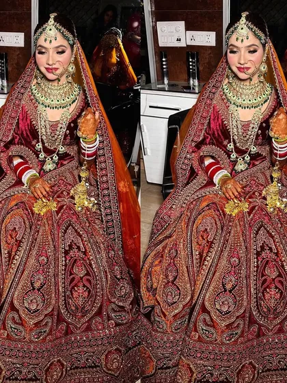 A stunning bride ready for her big day. The makeup is rich and traditional, with deep colors that photograph beautifully.